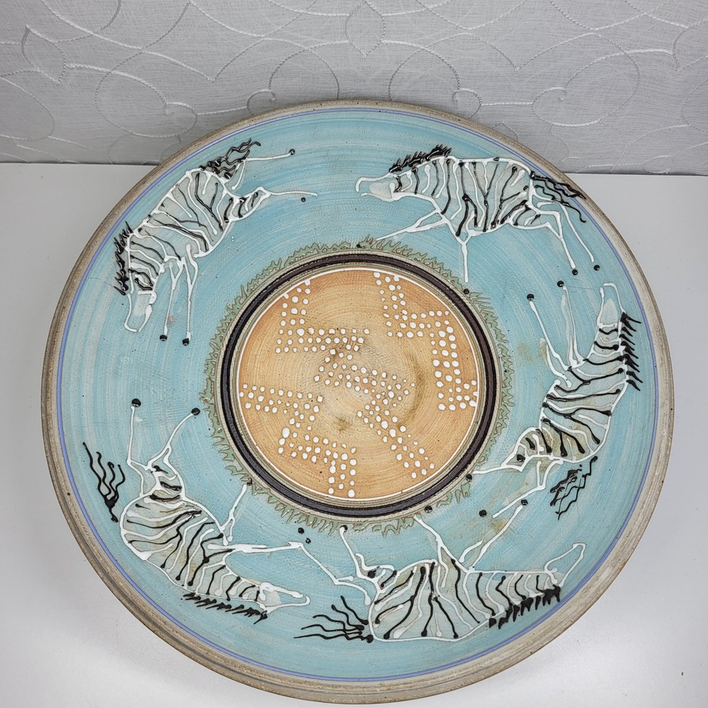 African Studio Pottery Zebra Bowl Large Platter Handmade Ceramic Signed HP Mark